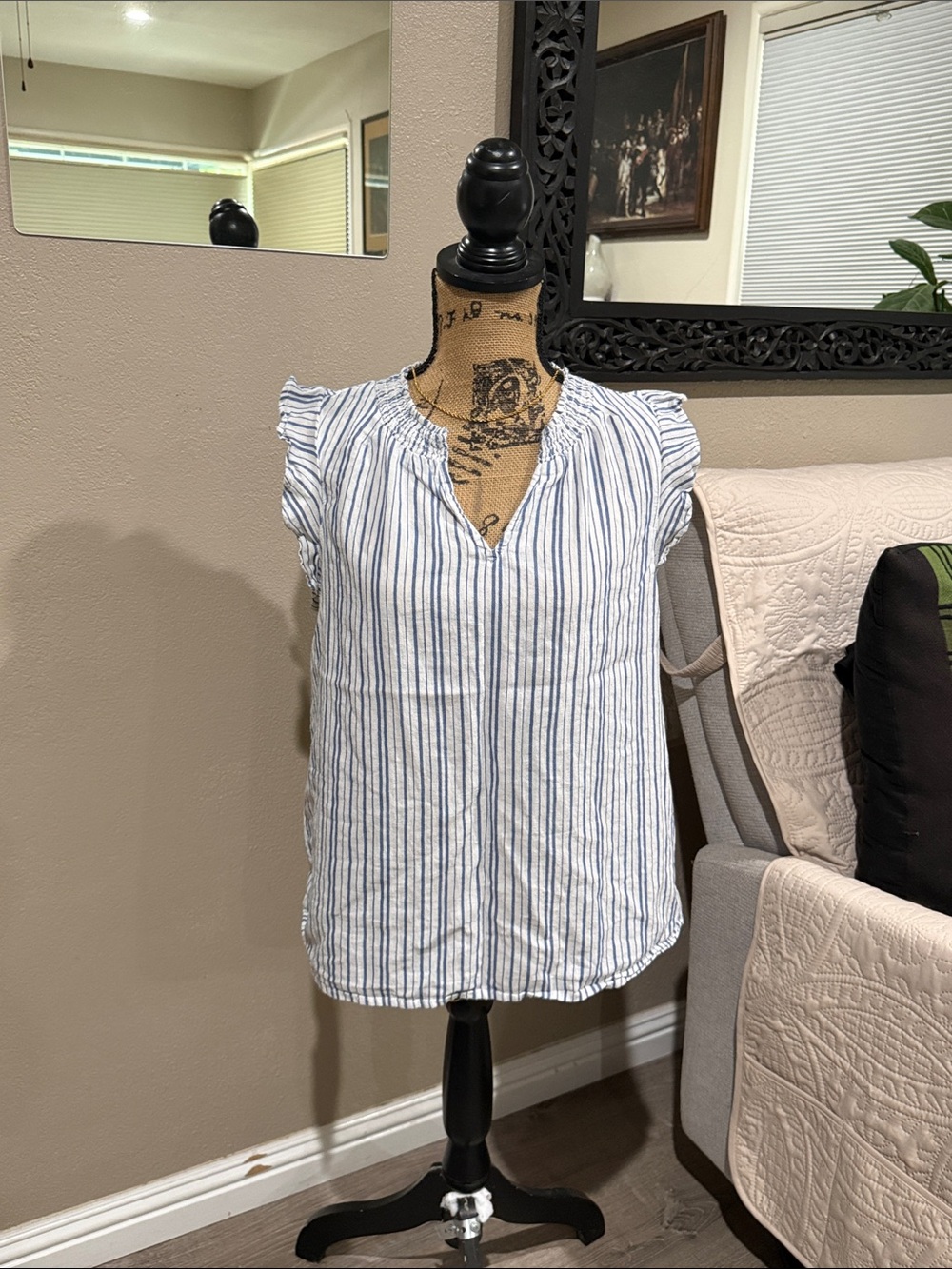 Old Navy White and Blue Vertical Stripe Flutter Sleeve Blouse